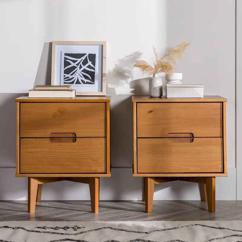 Table de chevet Middlebrook style milieu du siècle en bois massif, 2 tiroirs, lot de 2