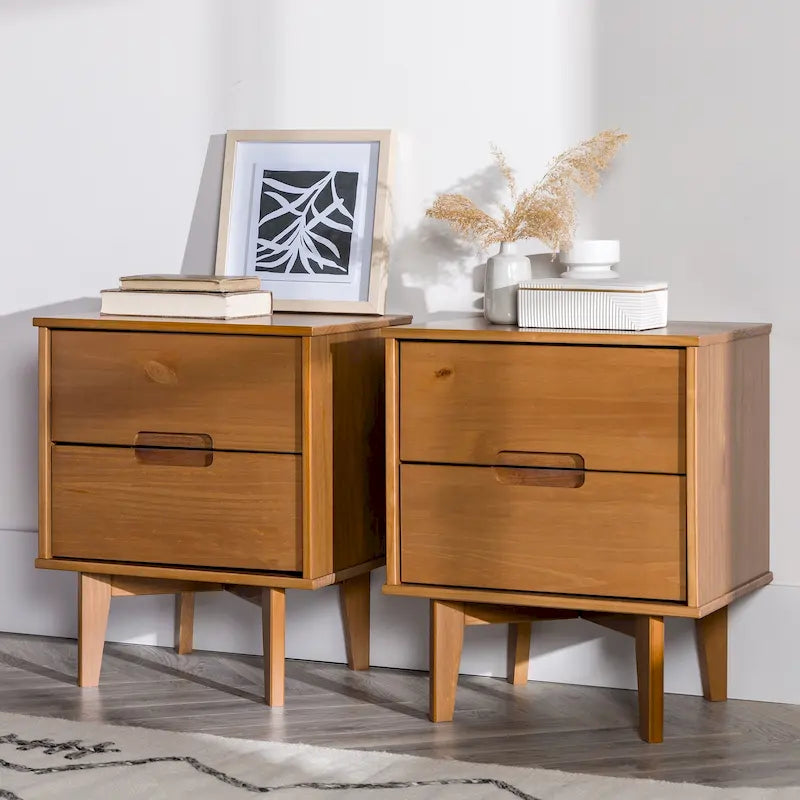 Table de chevet Middlebrook style milieu du siècle en bois massif, 2 tiroirs, lot de 2