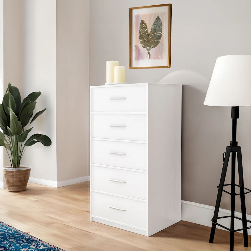Commode moderne à 5 tiroirs en tissu avec structure en bois robuste