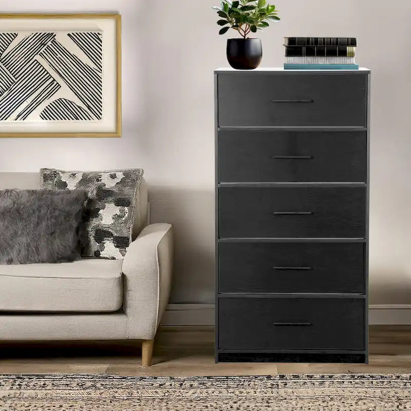 Commode moderne à 5 tiroirs en tissu avec structure en bois robuste