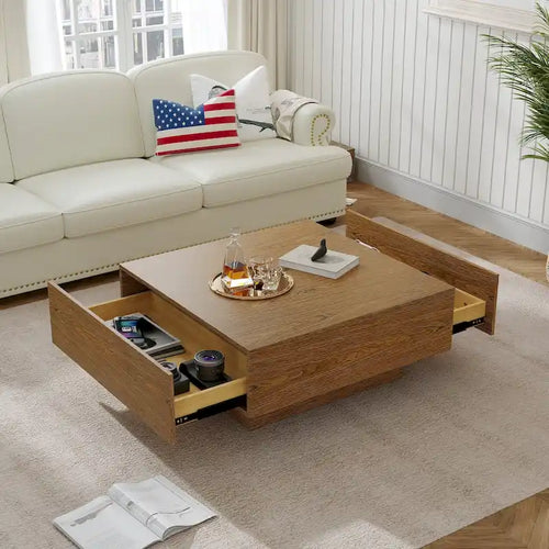 Table basse carrée en bois de 35,43 cm avec 2 tiroirs, texture bois brun - 35,43
