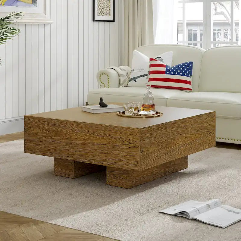 Table basse carrée en bois de 35,43 cm avec 2 tiroirs, texture bois brun - 35,43