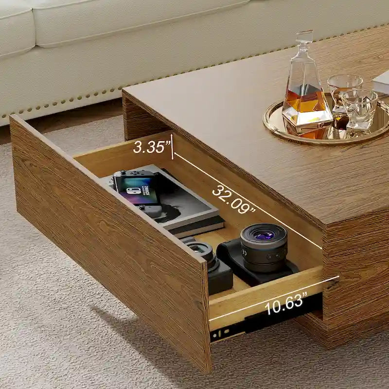 Table basse carrée en bois de 35,43 cm avec 2 tiroirs, texture bois brun - 35,43