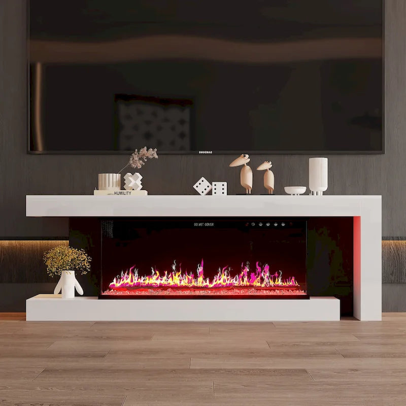 Meuble TV avec cheminée électrique élégante : fonctionnement télécommandé et chauffage réglable pour un confort optimal