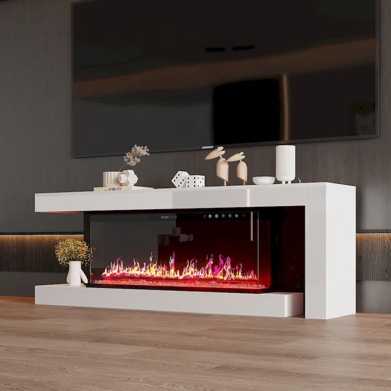 Meuble TV avec cheminée électrique élégante : fonctionnement télécommandé et chauffage réglable pour un confort optimal