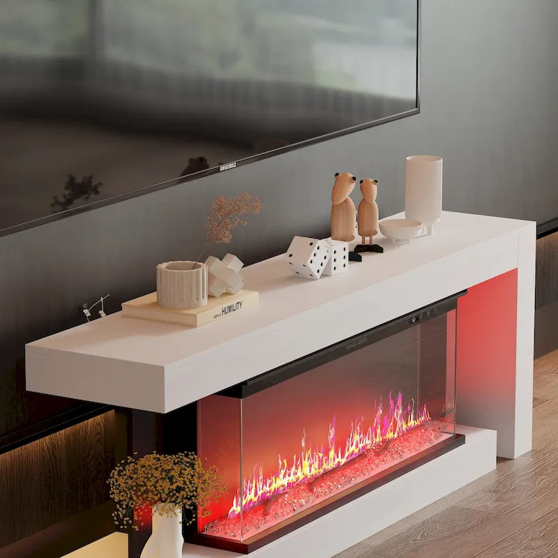 Meuble TV avec cheminée électrique élégante : fonctionnement télécommandé et chauffage réglable pour un confort optimal