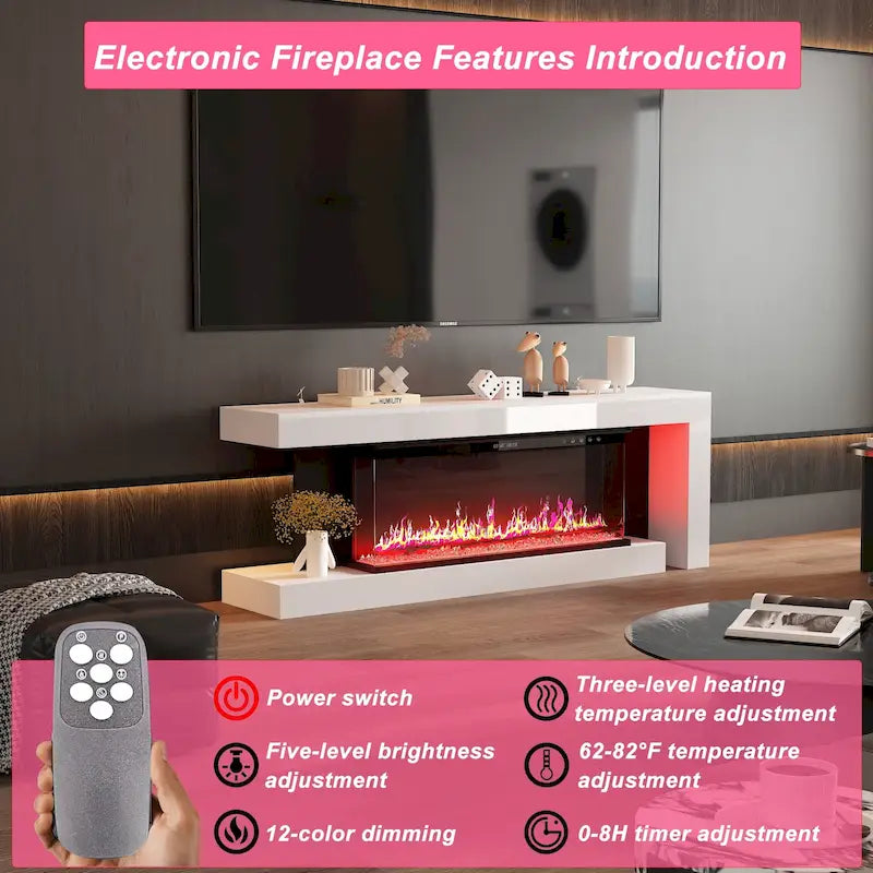 Meuble TV avec cheminée électrique élégante : fonctionnement télécommandé et chauffage réglable pour un confort optimal