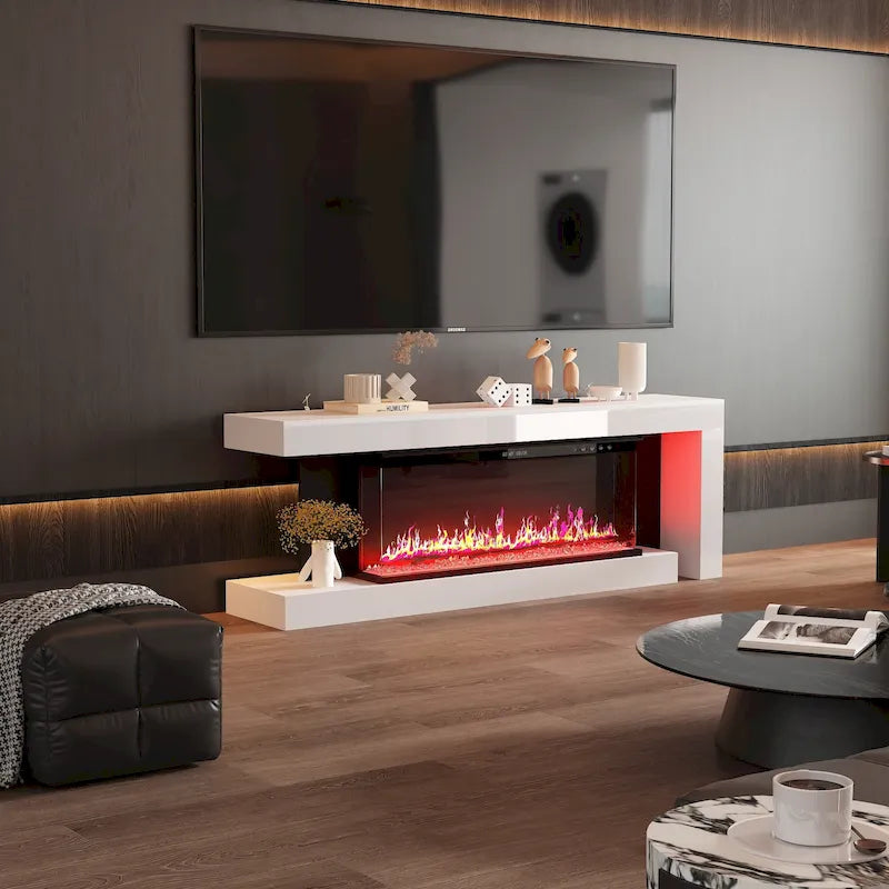 Meuble TV avec cheminée électrique élégante : fonctionnement télécommandé et chauffage réglable pour un confort optimal