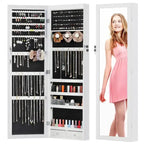 Armoire à bijoux verrouillable en bois blanc, fixée au mur ou à la porte, de 35,5 cm de largeur, avec miroir pleine longueur.