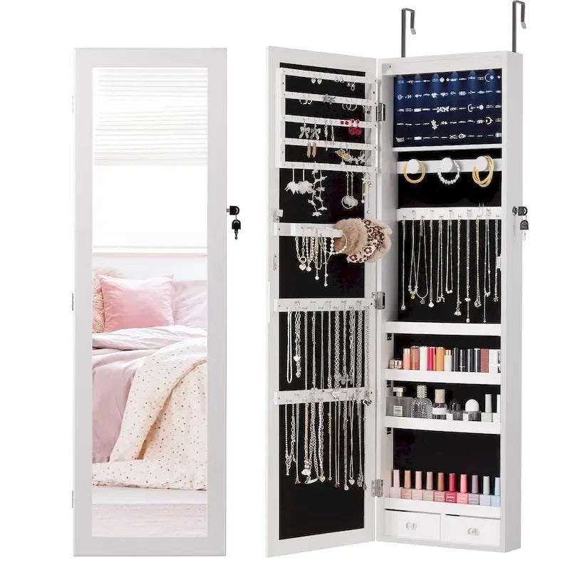 Armoire à bijoux verrouillable en bois blanc, fixée au mur ou à la porte, de 35,5 cm de largeur, avec miroir pleine longueur.