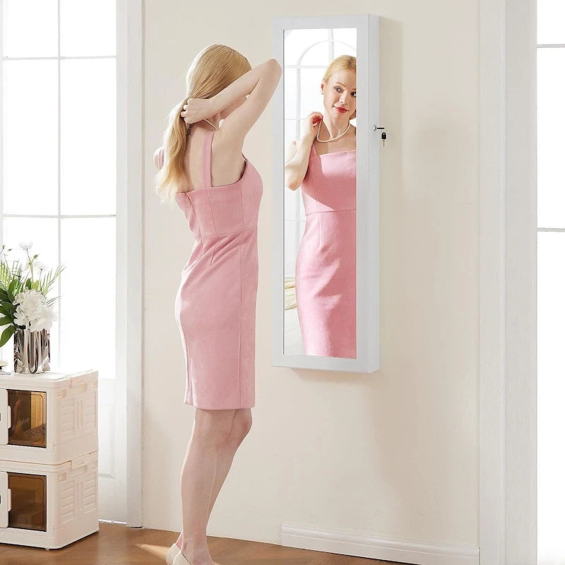 Armoire à bijoux verrouillable en bois blanc, fixée au mur ou à la porte, de 35,5 cm de largeur, avec miroir pleine longueur.