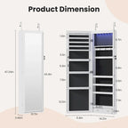 Armoire à bijoux verrouillable en bois blanc, fixée au mur ou à la porte, de 35,5 cm de largeur, avec miroir pleine longueur.