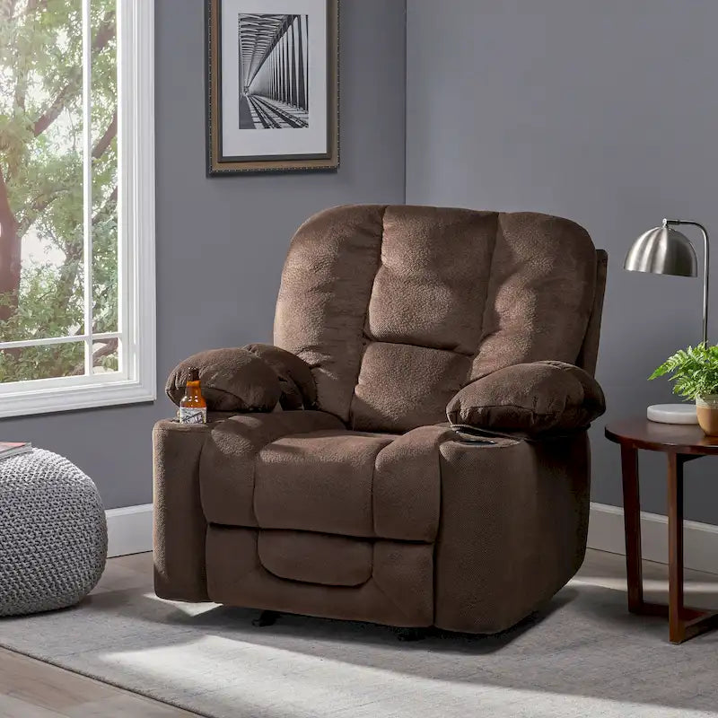 Fauteuil inclinable manuel de luxe Roomfitters couleur chocolat avec tissu doux pour la peau et deux porte-gobelets