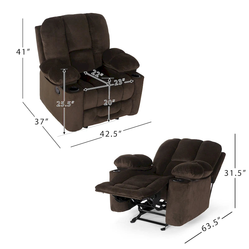 Fauteuil inclinable manuel de luxe Roomfitters couleur chocolat avec tissu doux pour la peau et deux porte-gobelets