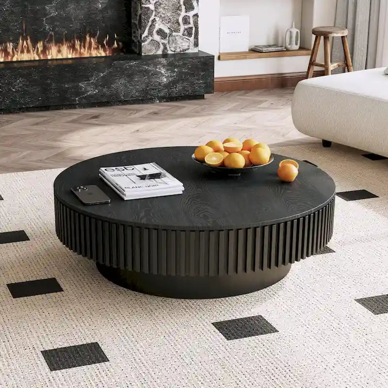 Table basse ronde moderne en placage de bois massif avec rangement
