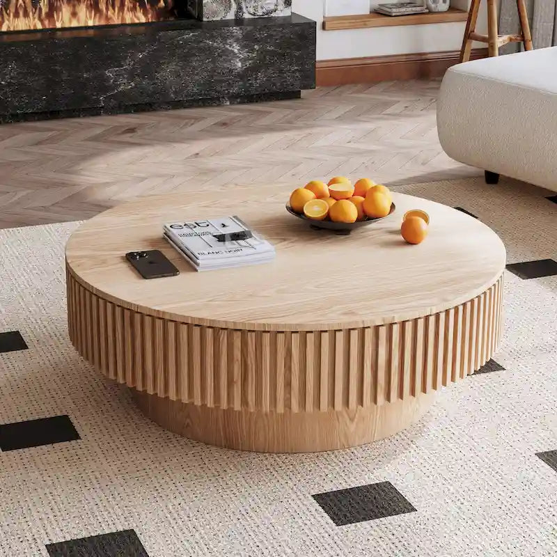 Table basse ronde moderne en placage de bois massif avec rangement
