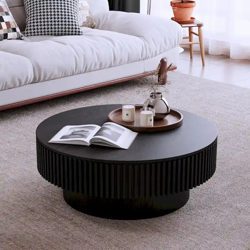 Table basse ronde moderne en placage de bois massif avec rangement