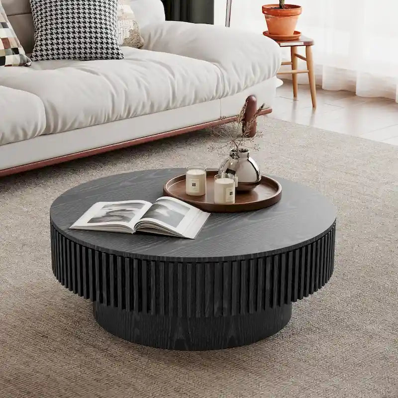 Table basse ronde moderne en placage de bois massif avec rangement