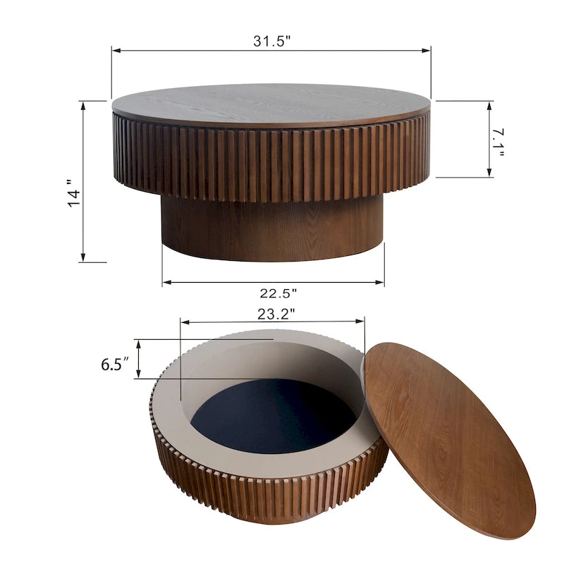 Table basse ronde moderne en placage de bois massif avec rangement