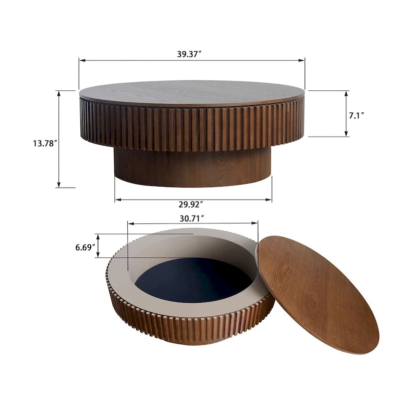 Table basse ronde moderne en placage de bois massif avec rangement