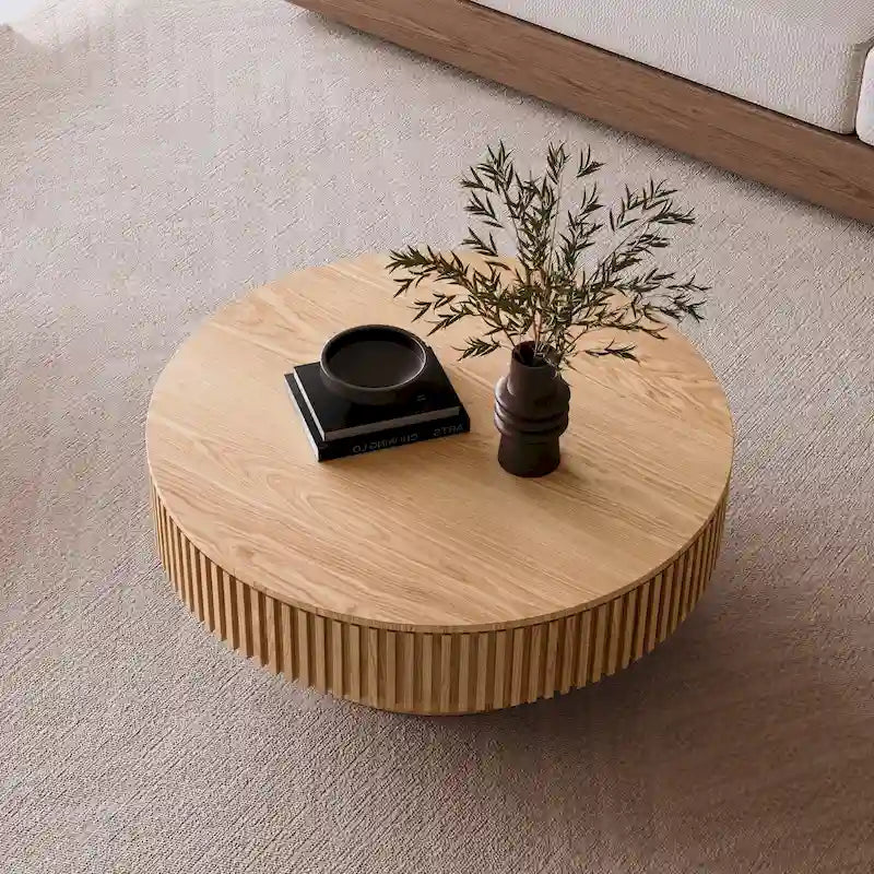 Table basse ronde moderne en placage de bois massif avec rangement