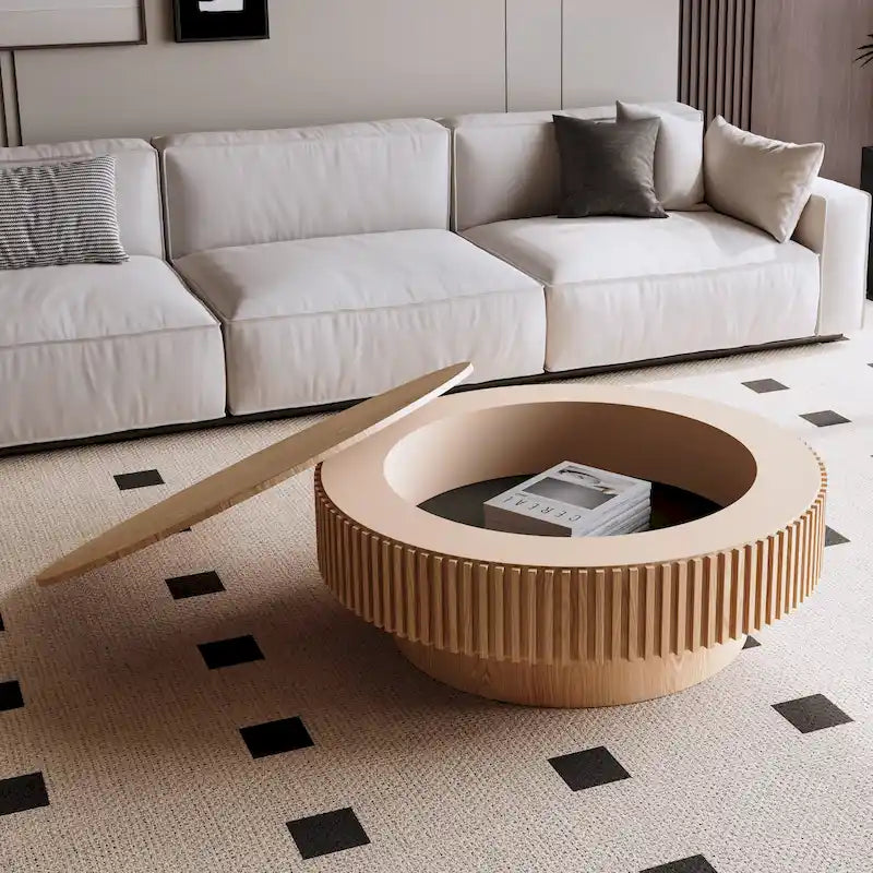 Table basse ronde moderne en placage de bois massif avec rangement
