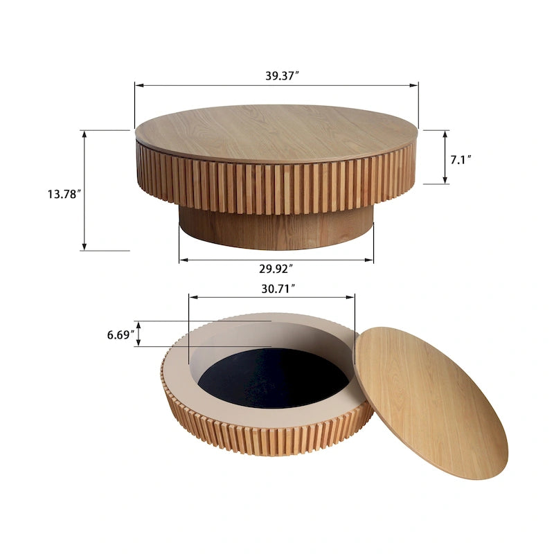 Table basse ronde moderne en placage de bois massif avec rangement