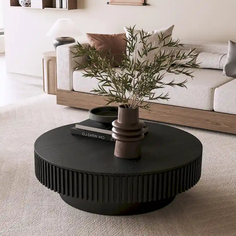 Table basse ronde moderne en placage de bois massif avec rangement