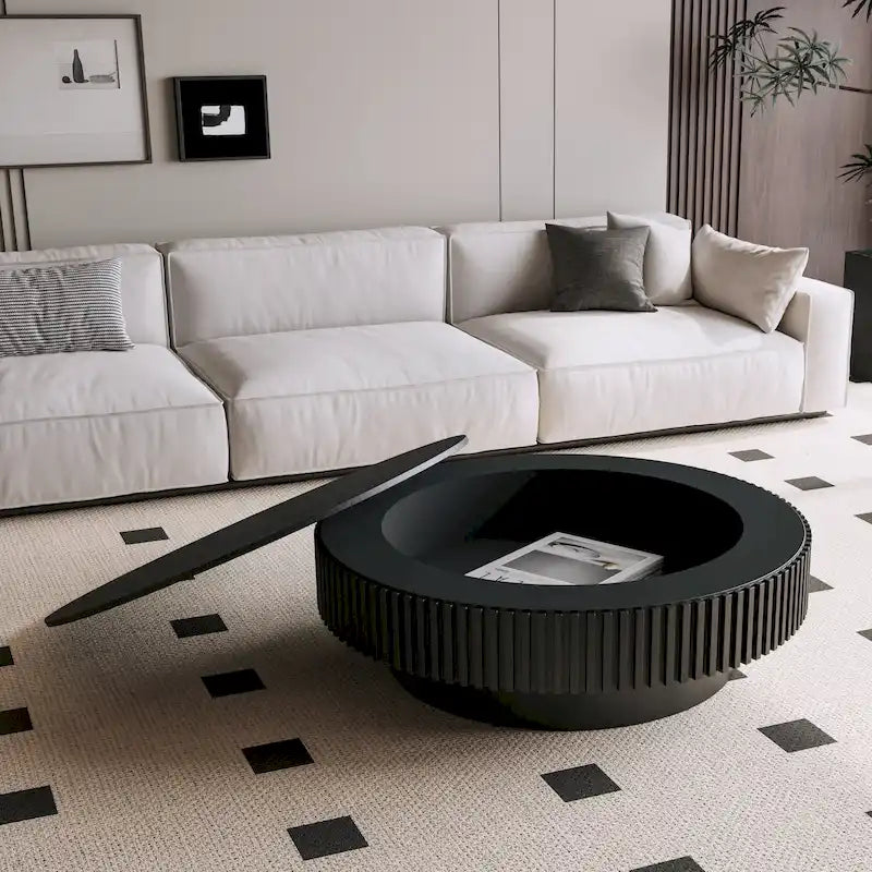 Table basse ronde moderne en placage de bois massif avec rangement