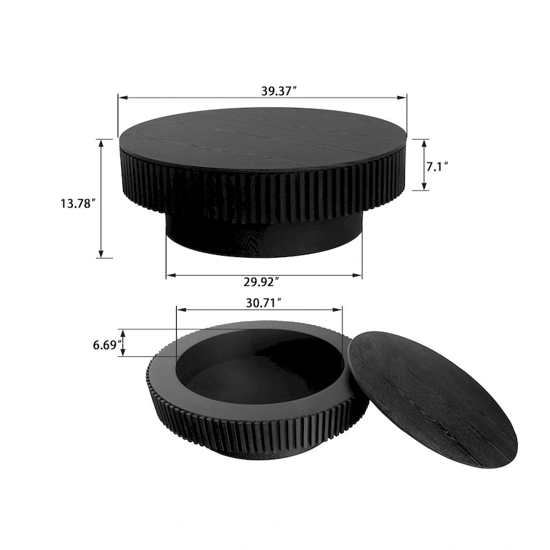 Table basse ronde moderne en placage de bois massif avec rangement