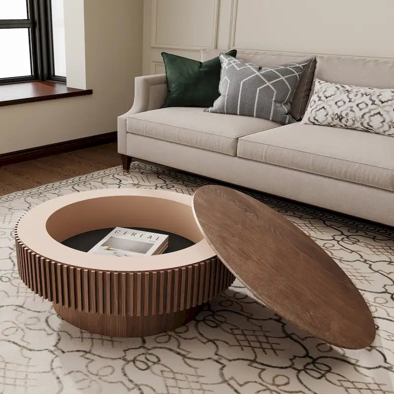 Table basse ronde moderne en placage de bois massif avec rangement