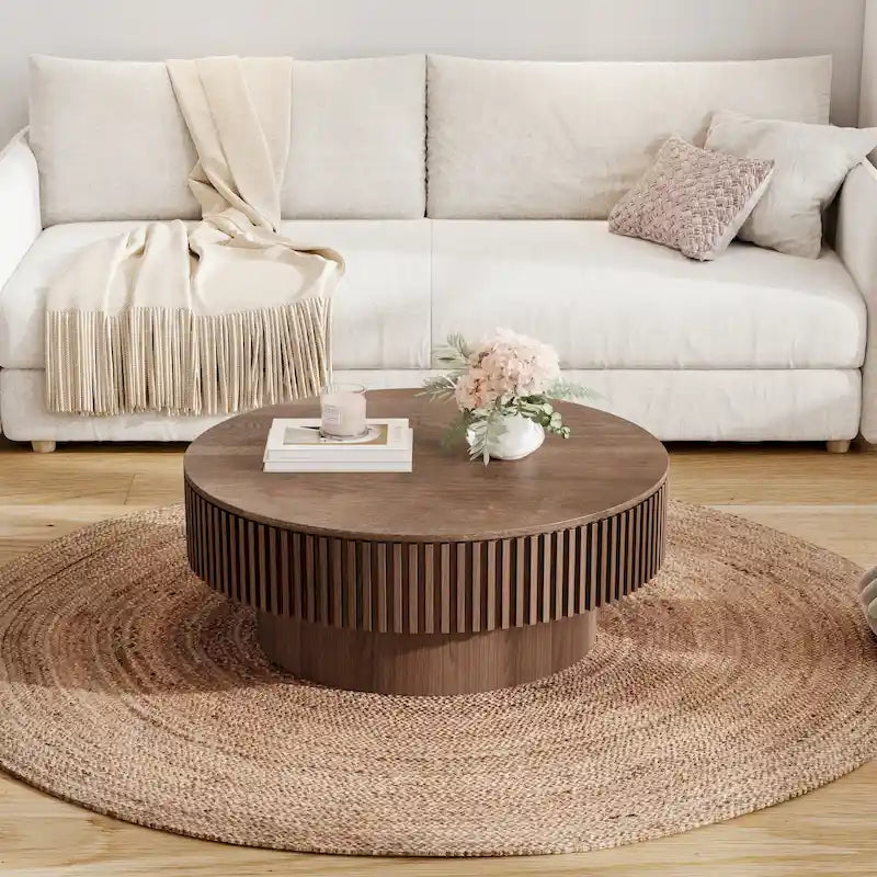 Table basse ronde moderne en placage de bois massif avec rangement
