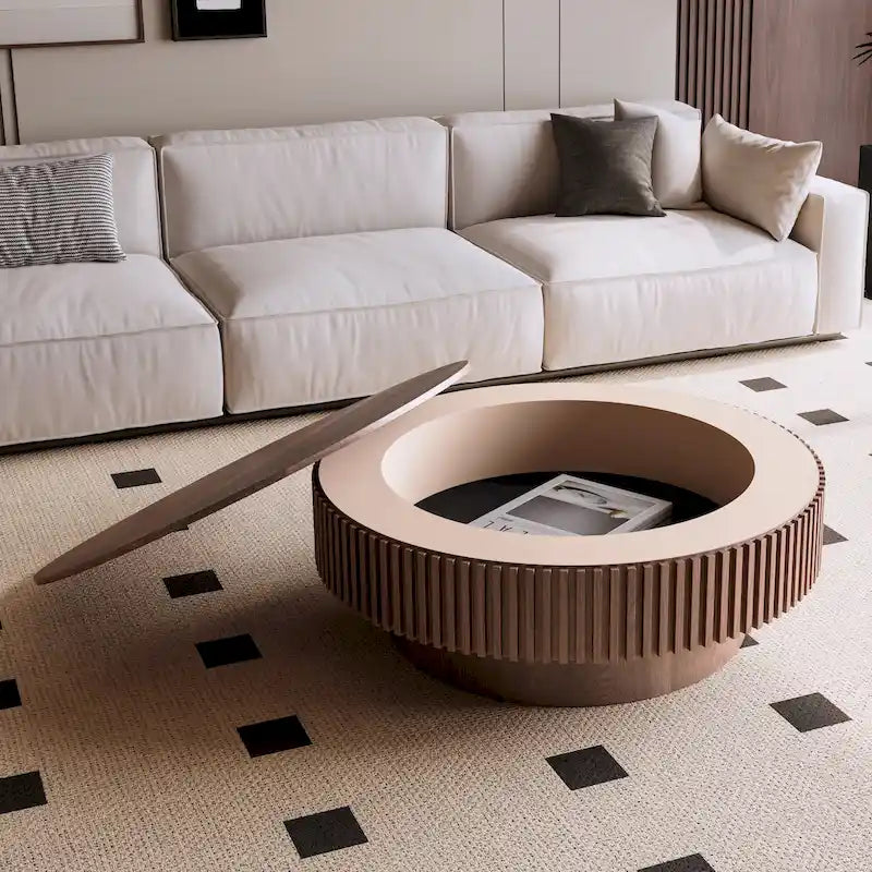 Table basse ronde moderne en placage de bois massif avec rangement