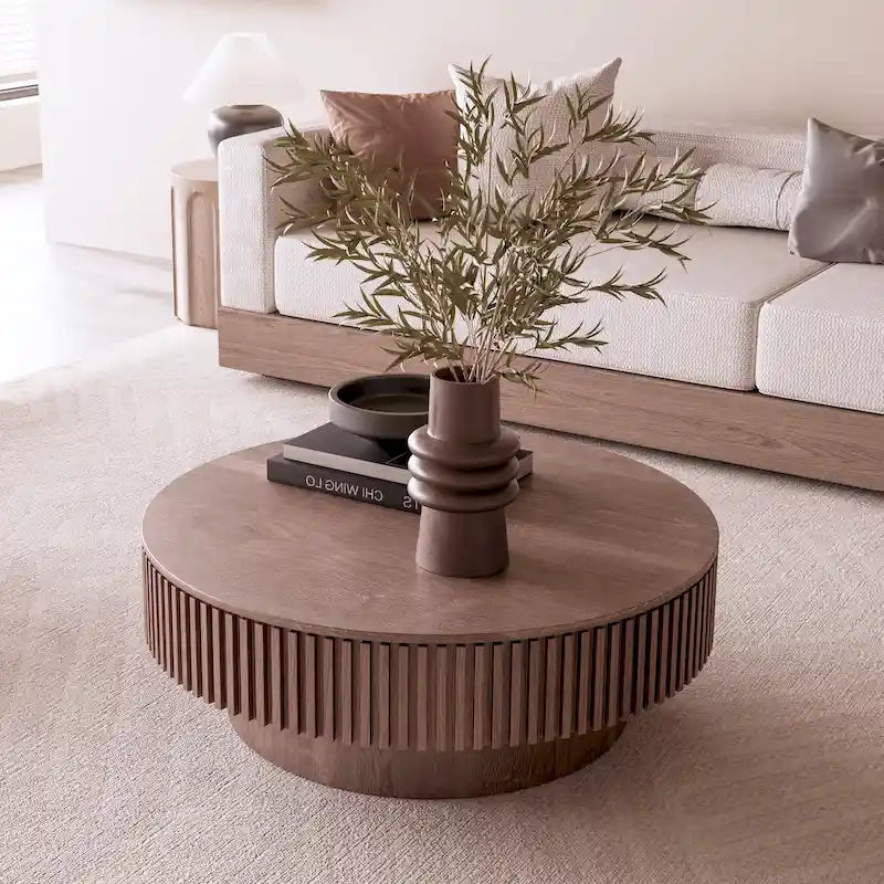Table basse ronde moderne en placage de bois massif avec rangement