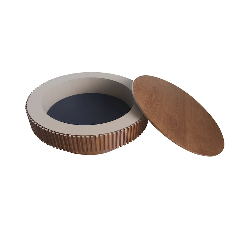 Table basse ronde moderne en placage de bois massif avec rangement