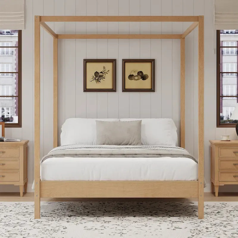 Lit à baldaquin en bois massif, cadre de lit plateforme avec sommier à lattes en bois pour chambre à coucher, sans sommier tapissier nécessaire