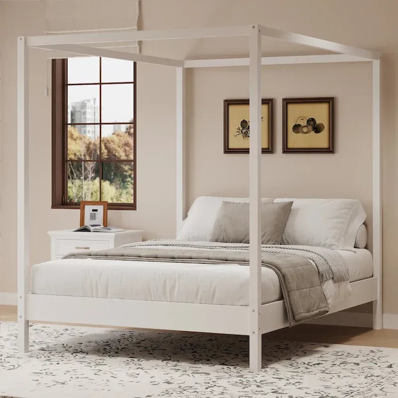 Lit à baldaquin en bois massif, cadre de lit plateforme avec sommier à lattes en bois pour chambre à coucher, sans sommier tapissier nécessaire