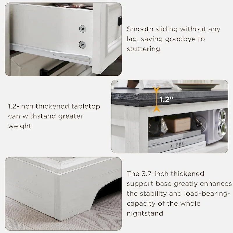 Table de chevet de style campagnard avec station de recharge, table d'appoint avec 2 tiroirs