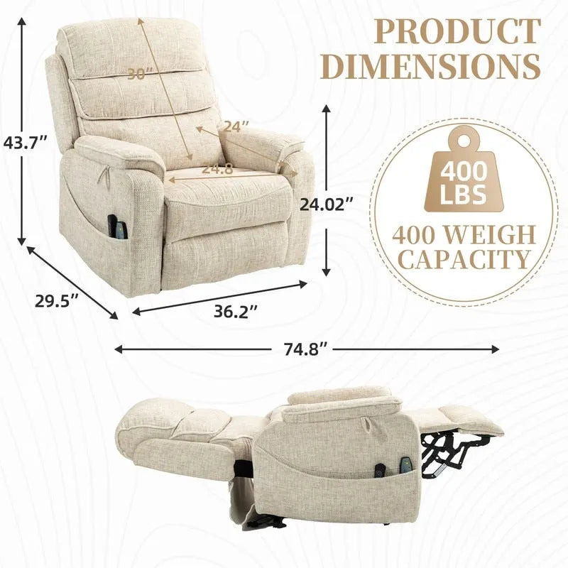 Fauteuil releveur électrique Deluxe à double moteur, longueur 190 cm, 100 % polyester, massage/chauffage, montage facile