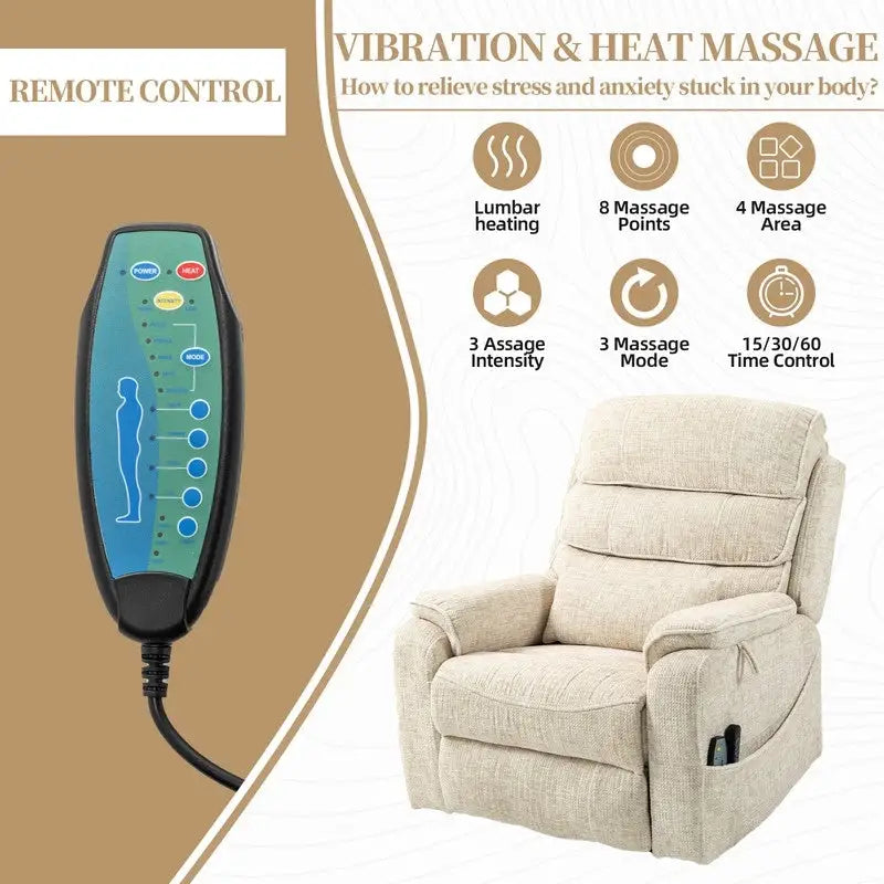 Fauteuil releveur électrique Deluxe à double moteur, longueur 190 cm, 100 % polyester, massage/chauffage, montage facile