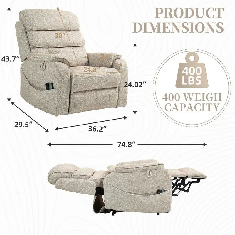 Fauteuil releveur électrique Deluxe à double moteur, longueur 190 cm, 100 % polyester, massage/chauffage, montage facile