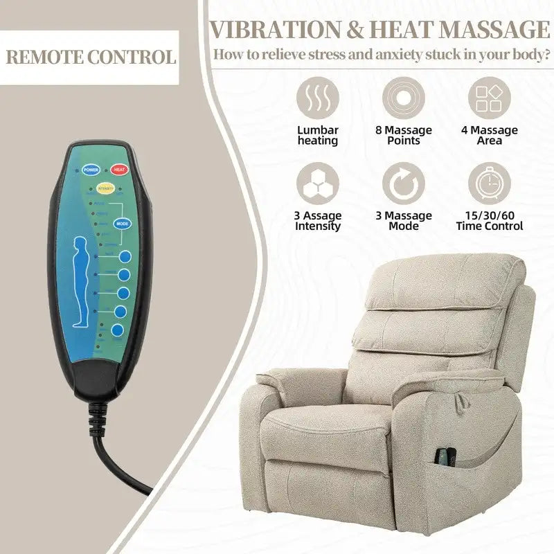 Fauteuil releveur électrique Deluxe à double moteur, longueur 190 cm, 100 % polyester, massage/chauffage, montage facile