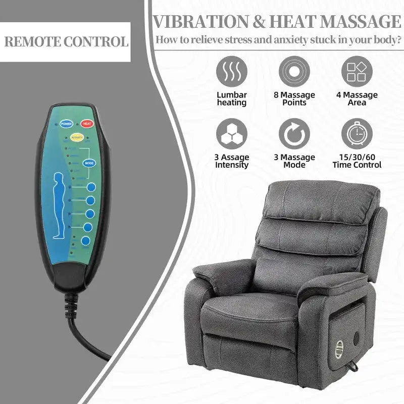 Fauteuil releveur électrique Deluxe à double moteur, longueur 190 cm, 100 % polyester, massage/chauffage, montage facile