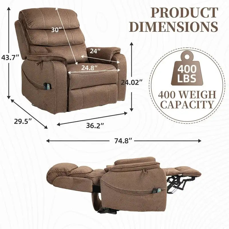 Fauteuil releveur électrique Deluxe à double moteur, longueur 190 cm, 100 % polyester, massage/chauffage, montage facile
