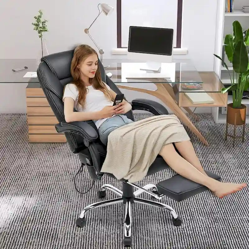 Fauteuil de direction ergonomique chauffant avec massage à 2/4/6 points, repose-pieds rétractable et revêtement en cuir PU