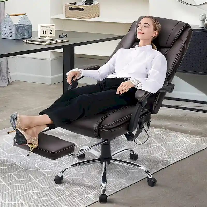 Fauteuil de direction ergonomique chauffant avec massage à 2/4/6 points, repose-pieds rétractable et revêtement en cuir PU