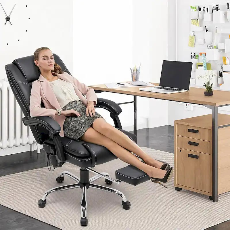 Fauteuil de direction ergonomique chauffant avec massage à 2/4/6 points, repose-pieds rétractable et revêtement en cuir PU