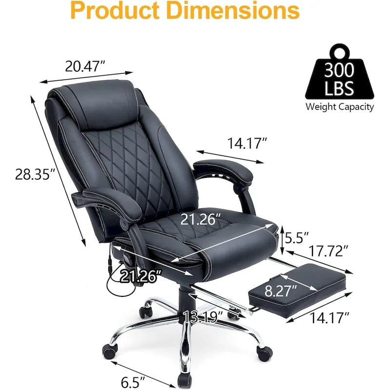 Fauteuil de direction ergonomique chauffant avec massage à 2/4/6 points, repose-pieds rétractable et revêtement en cuir PU