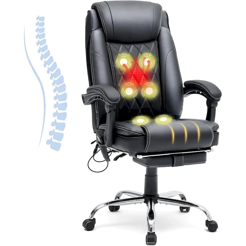 Fauteuil de direction ergonomique chauffant avec massage à 2/4/6 points, repose-pieds rétractable et revêtement en cuir PU