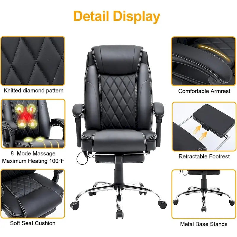 Fauteuil de direction ergonomique chauffant avec massage à 2/4/6 points, repose-pieds rétractable et revêtement en cuir PU